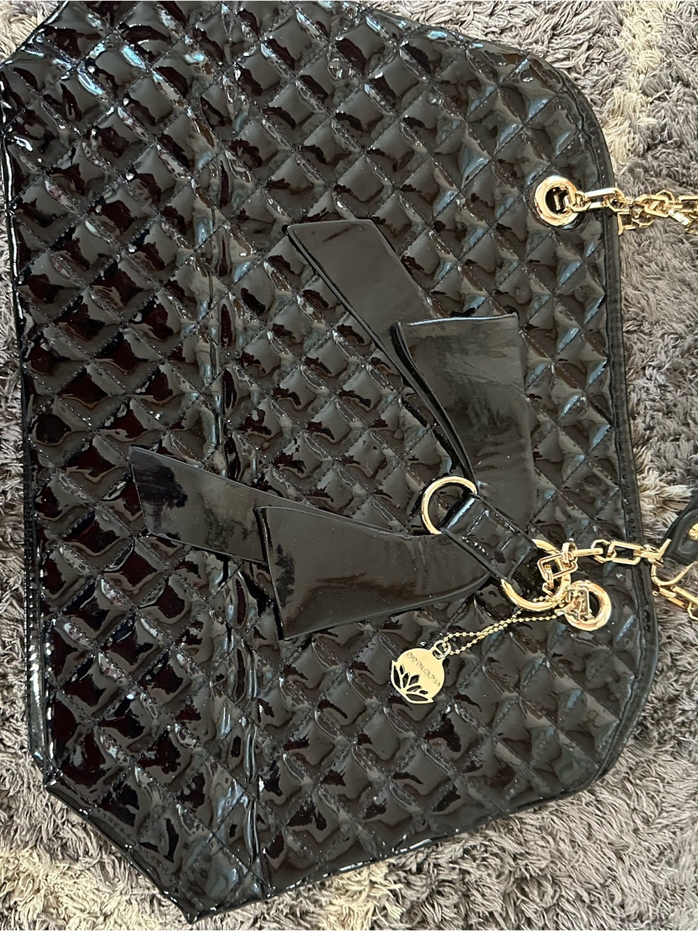 Big Buddha Black Patent Quilted Shoulder Bag with Gold Accents